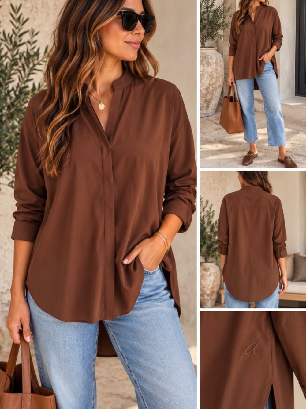 Aday Something Borrowed Shirt Brown Chocolate Oversized Tunic Size M